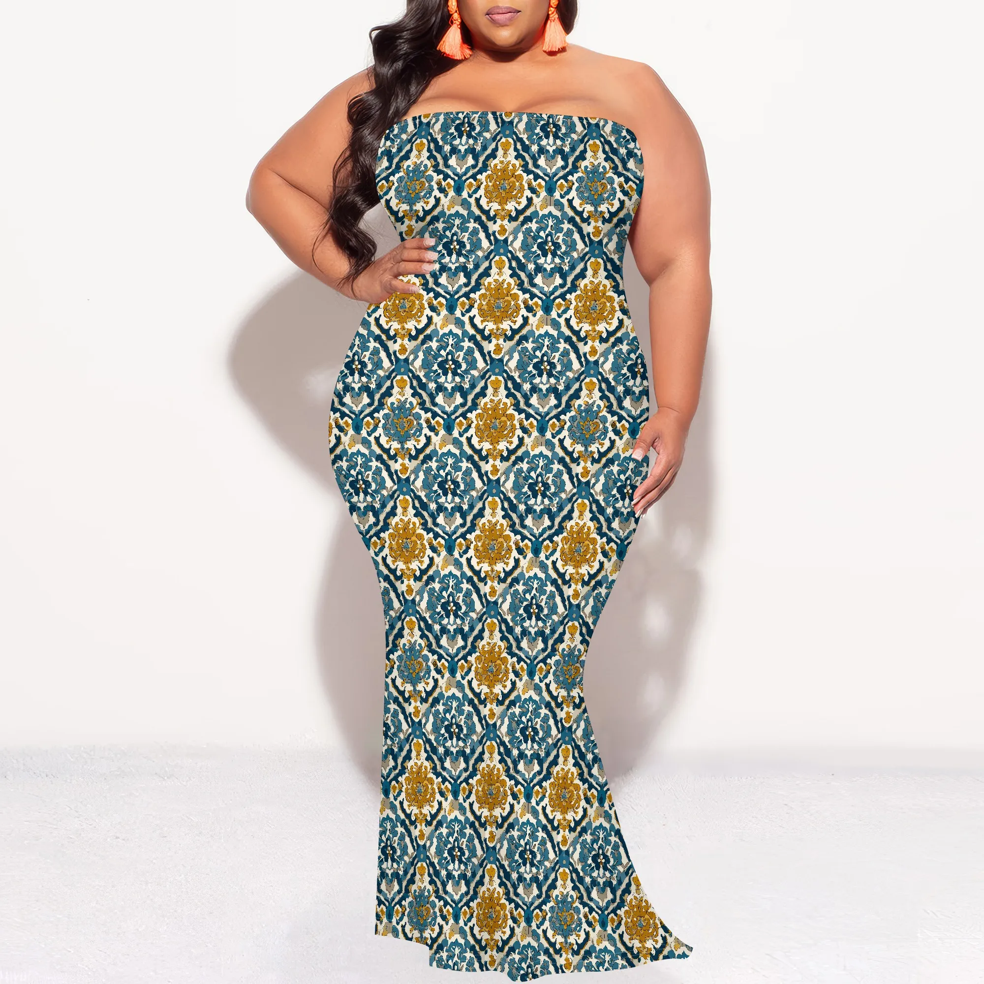 

Women's Summer Maxi Bodycon Dresses Plus Size Ruched Off Shoulder Sleeveless Floral Printed Cocktail Party Club Long Dress