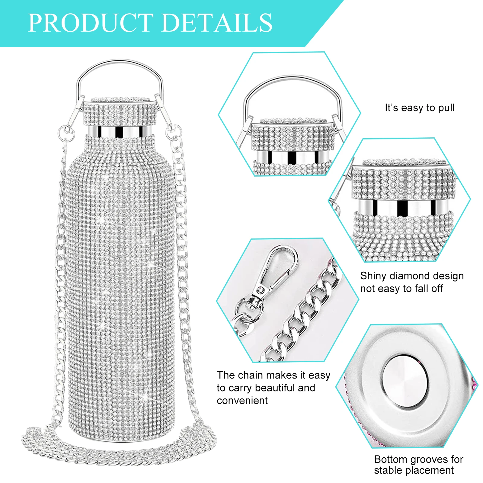 

350ml/500ml/750ml Diamond Bottle with Chain Glitter Water Bottle 304 Stainless Steel Reusable Easy Clean Girl Women Gift