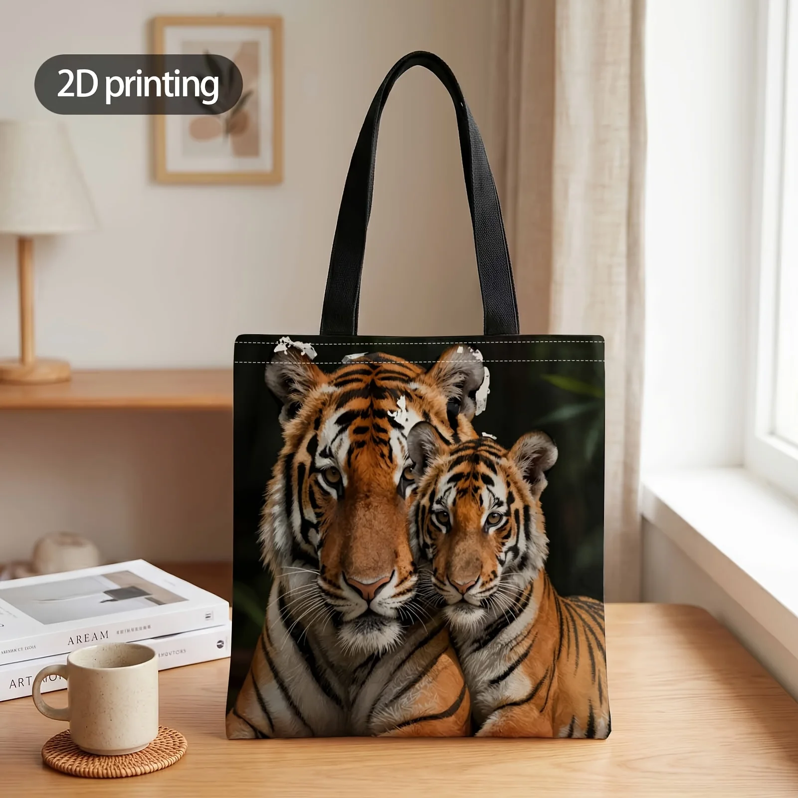 2D Printed Handbag with Royal Tigers in Wild Embrace Pattern, Reusable Fashion Shoulder Bag Shopping Tote Bag Suitable for Shopp
