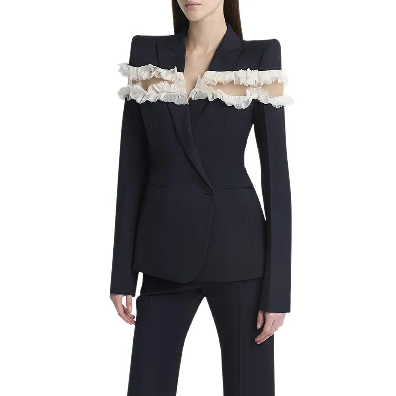 2026 New European American Celebrity Mesh Patchwork Suit Jacket Trousers Set Two-Piece Set pant sets ensemble femmes traf woman