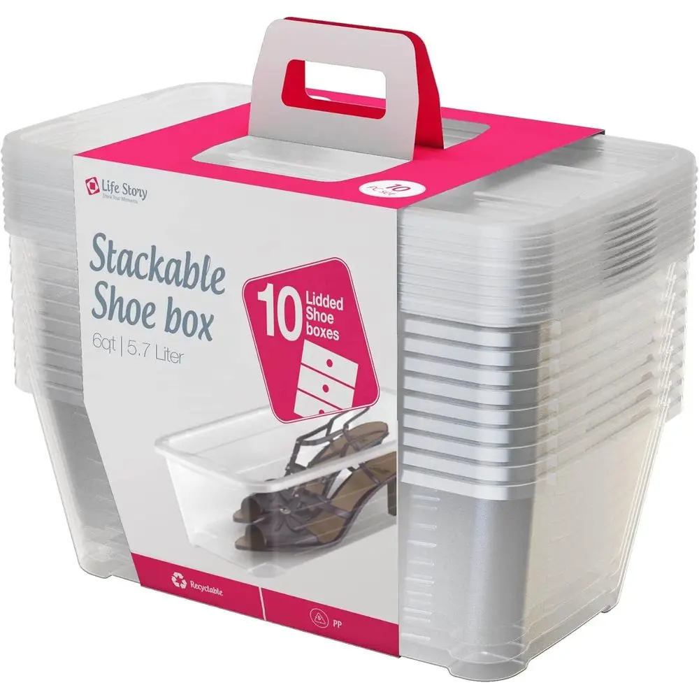 

10-Pack Plastic Storage Box, Stackable Shoe Organizer Tote Containers, 6 Liter - Clear Bins and Boxes with Lids for Bedroom, Clo