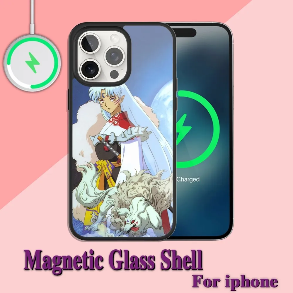 Custodia per telefono Anime InuYasha Sesshomaru per ricarica iPhone 13 14 15 11 12 Pro Max Plus guscio magnetico Magsafe in vetro