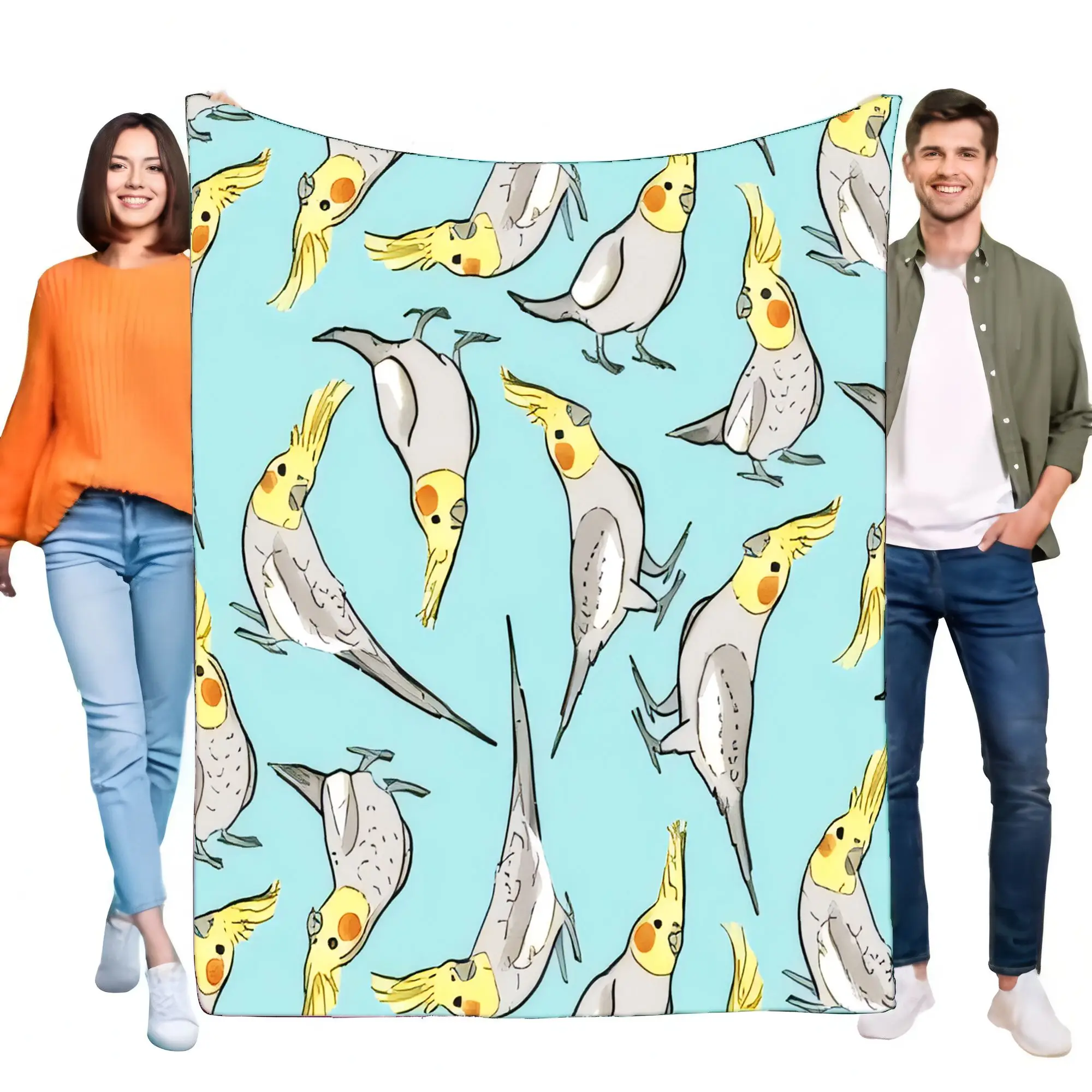 Adorable Cockatiel Bird Pattern Blue Flannel Blanket Soft Cozy Throw for Bed Sofa Lightweight Pet Parrot Lover Gift Home Decor