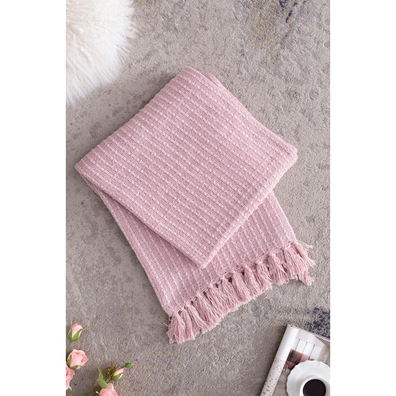 

50x60 Decorative Pink and Tan Cotton Throw Blanket with Tassels, 2 Pack