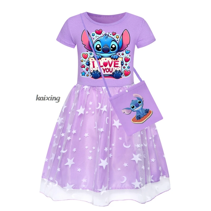 New Lilo And Stitch Kid Clothes Knee-Length Dresses Cotton Rainbow Dress +Bag Teenagers Cartoon Girl Clothing Party Clothes Gift