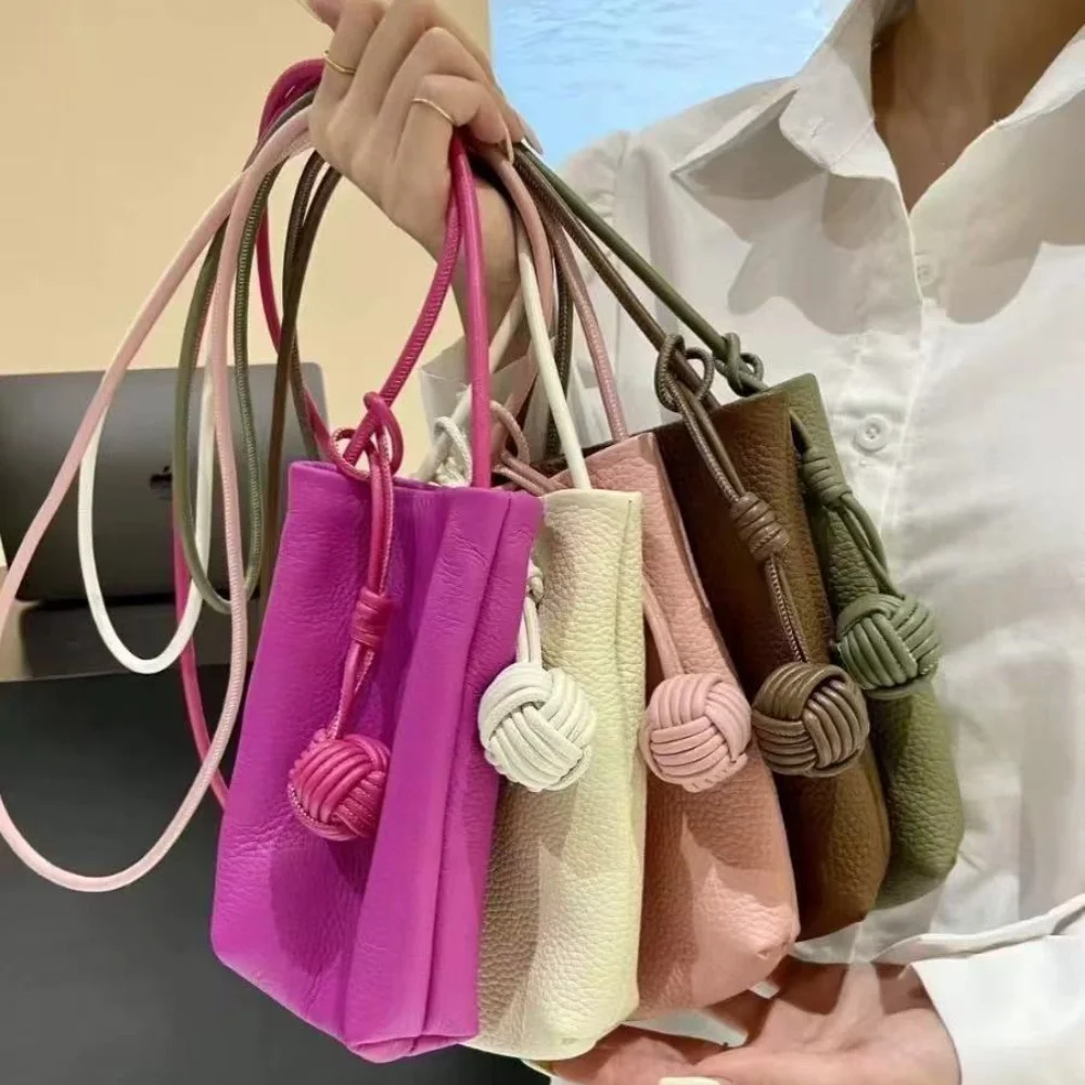 Genuine leather minimalist phone bag for women, crossbody woven ball vertical design, top layer cowhide mini sports bag