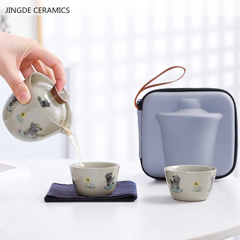 Travel Ceramic Tea Set Custom Beauty Tea Infuser Portable Outdoor Tea Accessories Teapot and Cup Set with Storage Box