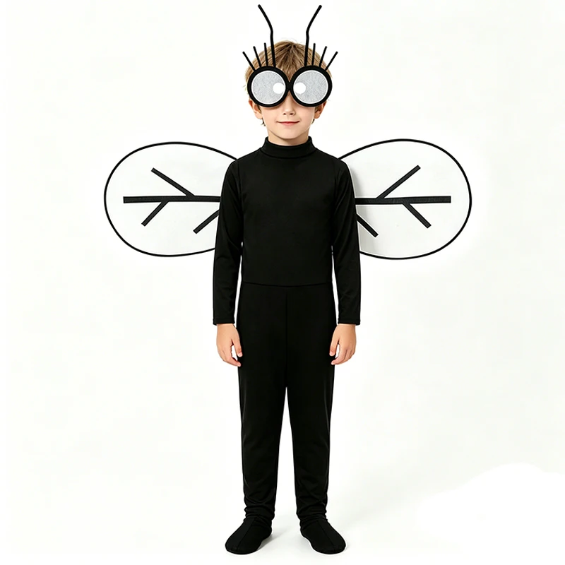 

Unisex Girls Black Insect Halloween Fancy Funny Mosca Jumpsuit With Wings Dress Up Boys Fly Costume