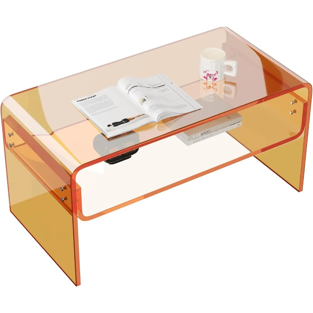 طاولة قهوة أكريليك، أثاث طاولة جانبية من الأكريليك مستطيلة برتقالية، طاولة شاي حديثة مع مساحة تخزين مفتوحة، طاولة نهاية أكريليك لـ L