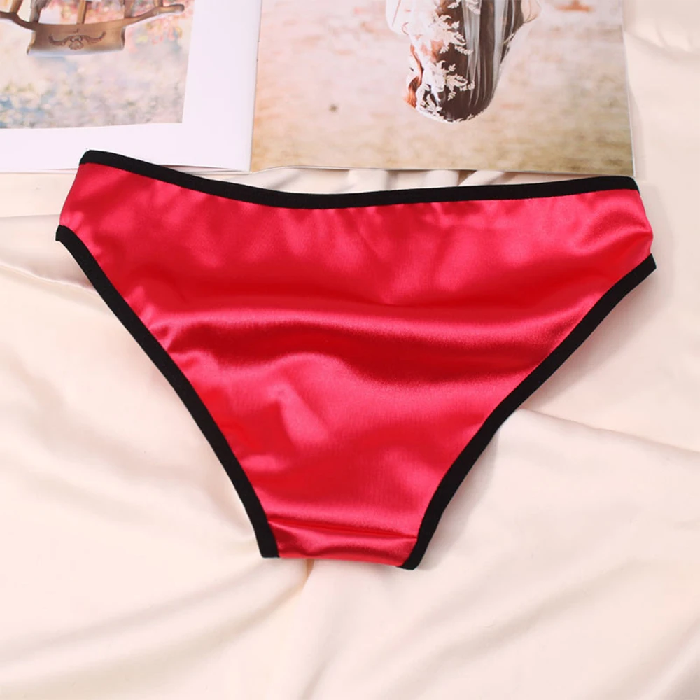 Women Smooth Satin Briefs Lace Border Panties Comfortable Soft Underpants Ice Silk Breathable Thong Knickers Low Rise Underwear