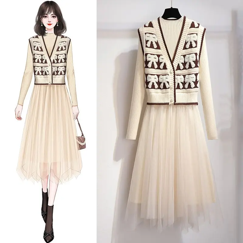 Fashion Set Women's 2023 New Korean Spring and Autumn Knitted Tank Top Mid Length Age Reducing Slim Dress Two Piece Set