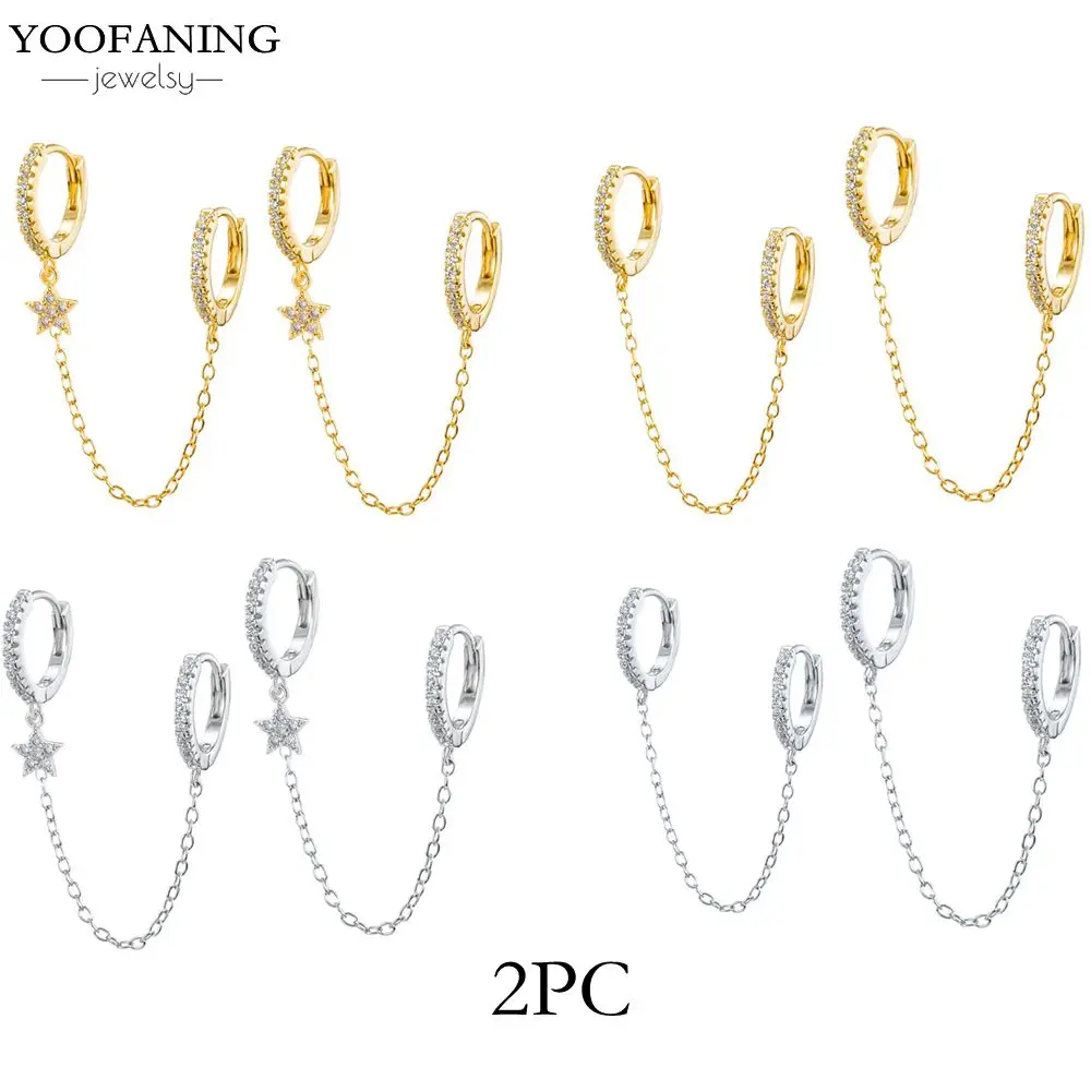 

YOOFANING 1PC 925 Sterling Silver Ear Needle Double Hole Chain Pendientes Earring Crystal Zircon Hoop Earrings for Women Jewerly
