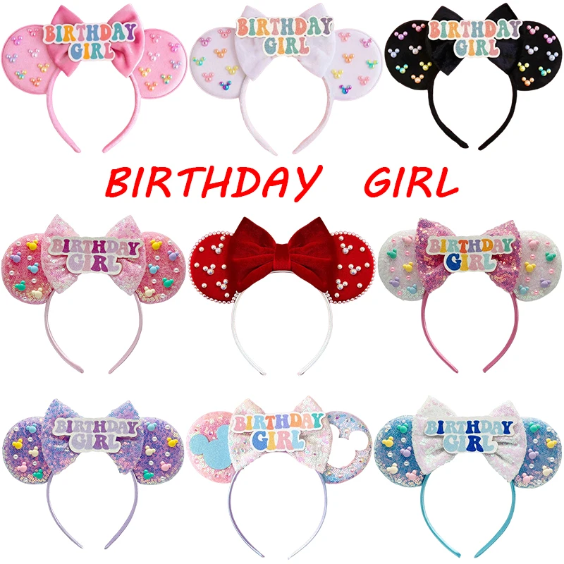 

Disney BIRTHDAY GIRL Headbands for Girls Cotton Sequins Bow Hairbands Women Colors Pearls Mickey Ears Hair Accessories Kids Gift