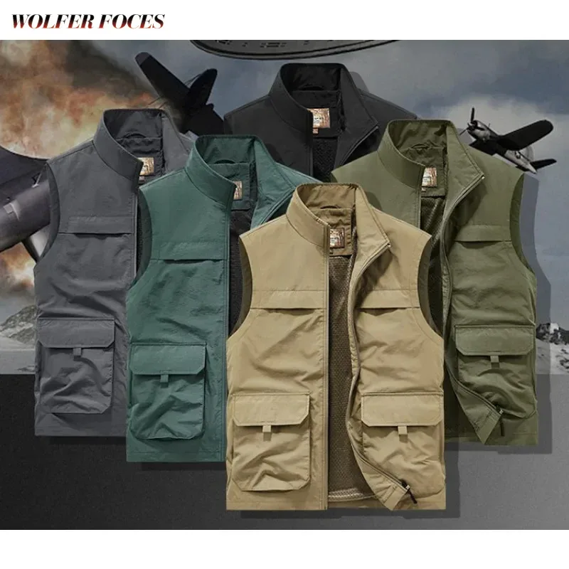 

Multi-pocket Vest Sleeveless Jacket Embroidered Windbreaker Leather Vests for Men Hunting Men's Camping Biker Work Fishing Wear