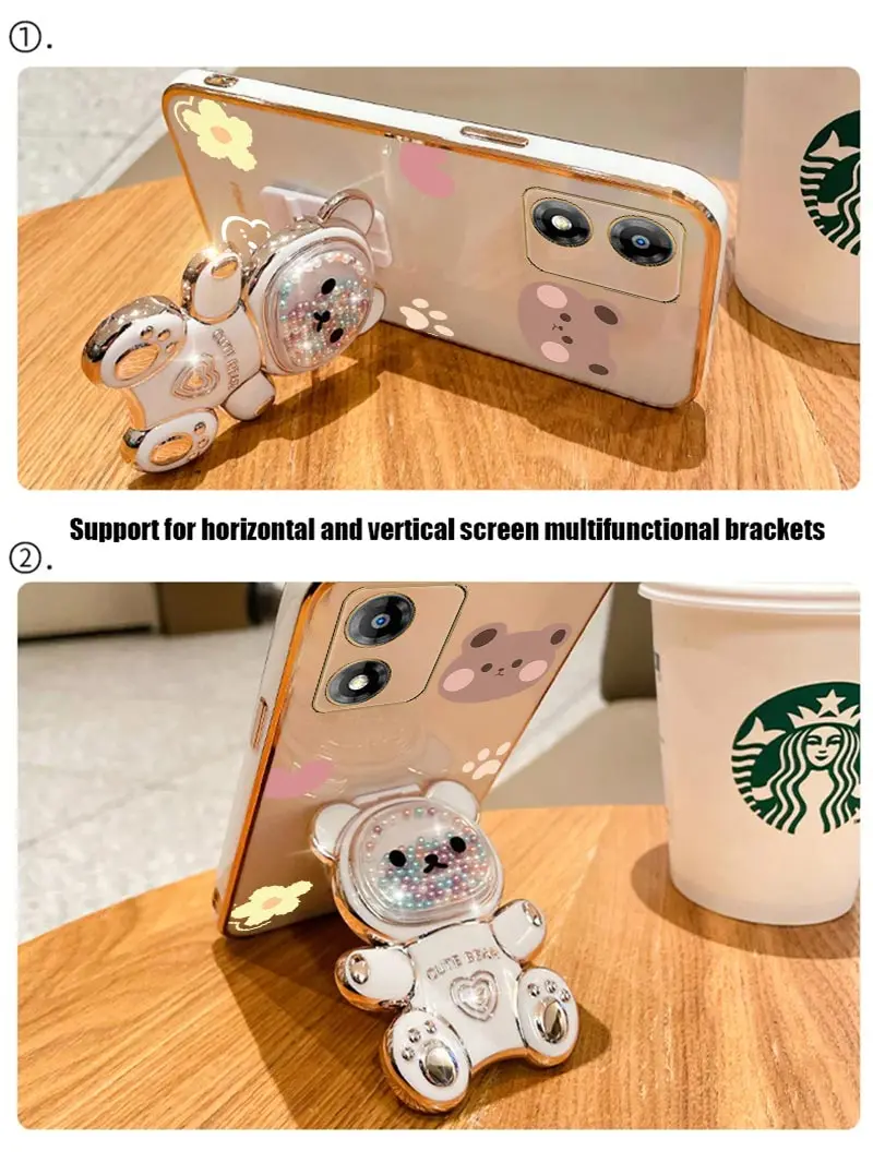 E 13 Luxury Cute Bear Phone Holder Case On For Motorola Moto E13 MotoE13 MotorolaE13 Stand Cover