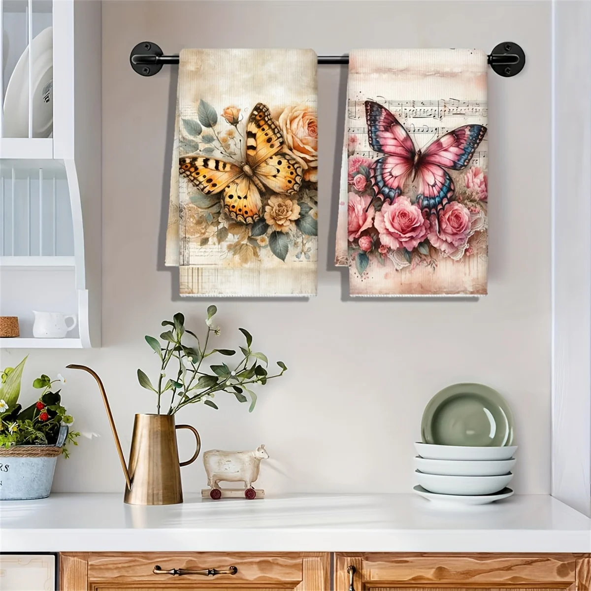 Two-piece vintage cocoa butterfly kitchen towel, featuring floral pattern, suitable for home decoration and bathroom use
