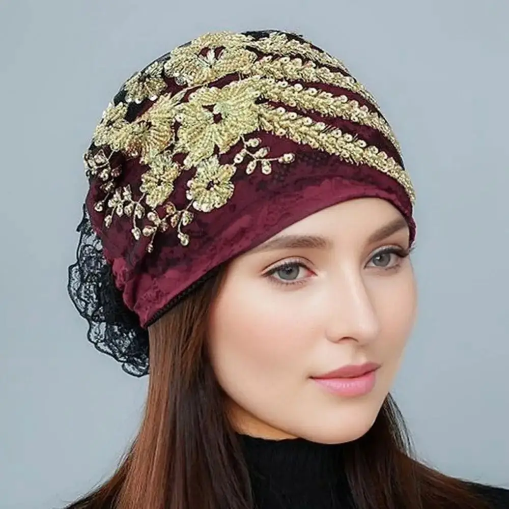 Head Scarf Lace Turban Hats Flower Elastic Tie Hijab Summer Thin Headscarf Head Wraps Rhinestone Islamic Under Scarf Women