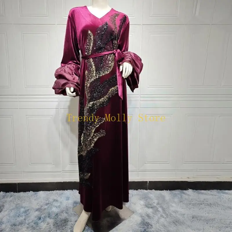 

N5KB Women Kaftans Abayas Dress Sequins Kaftan Abayas Applique Embroidery Long Sleeve Dress Full Cover Islamic Dubai Robe