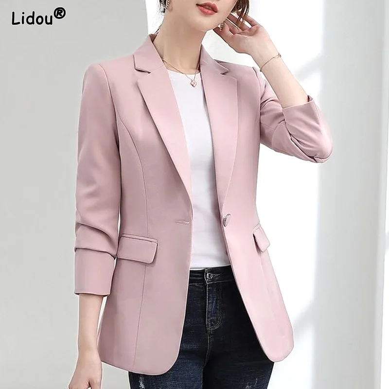 

Women's Clothing Solid Color Office Lady Fashion Casual Spring Summer Thin Skinny Notched Pockets Button Intellectual Formal