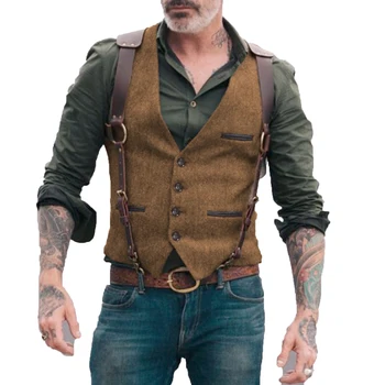 Herringbone Mens Vests Men Brown Waistcoat Vest Man Steampunk Jacket Striped Tweed V-Neck Slim Fit Gilet Wedding Outerwear
