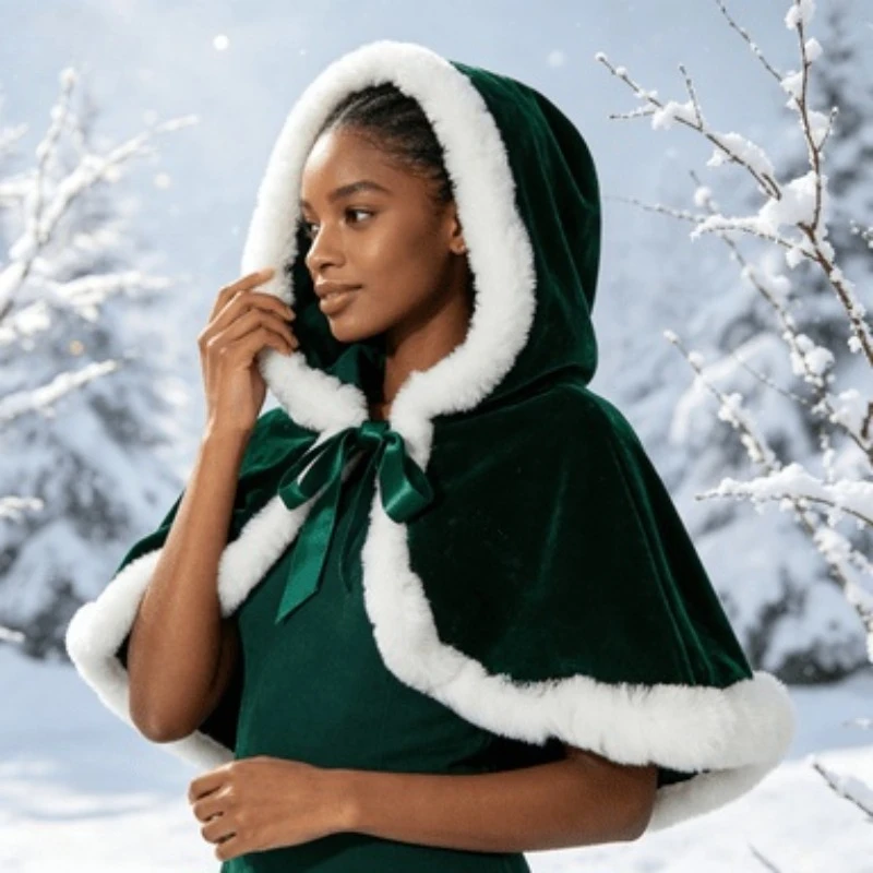 High Quality Rabbit Fur Hooded Christmas Cape Cosplay Cloak for Adult Holiday Themed Party Photograph Prop Dress Up