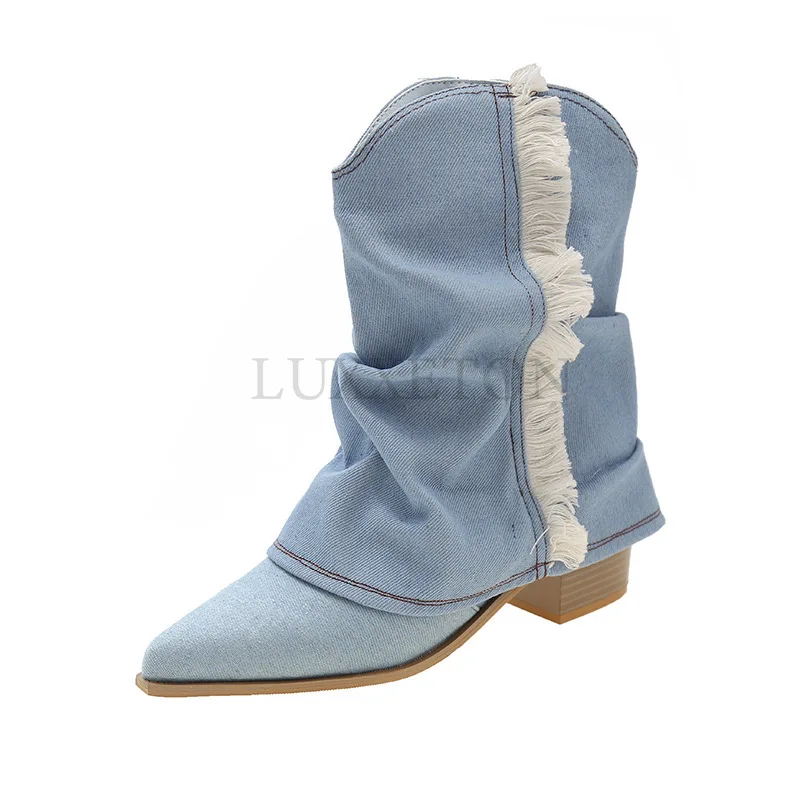 Pointed Toe Denim Fashion Knee High Med Calf Boots for Women Retro Cowboy Cowgirls Western Boots Autumn Hot Sale Shoes