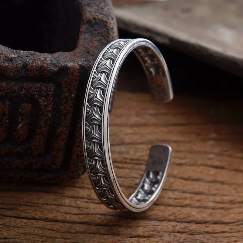 925 Mountain Pattern Bracelet Men And Women, Open Sterling Bangle, Silver Wristband Jewelry
