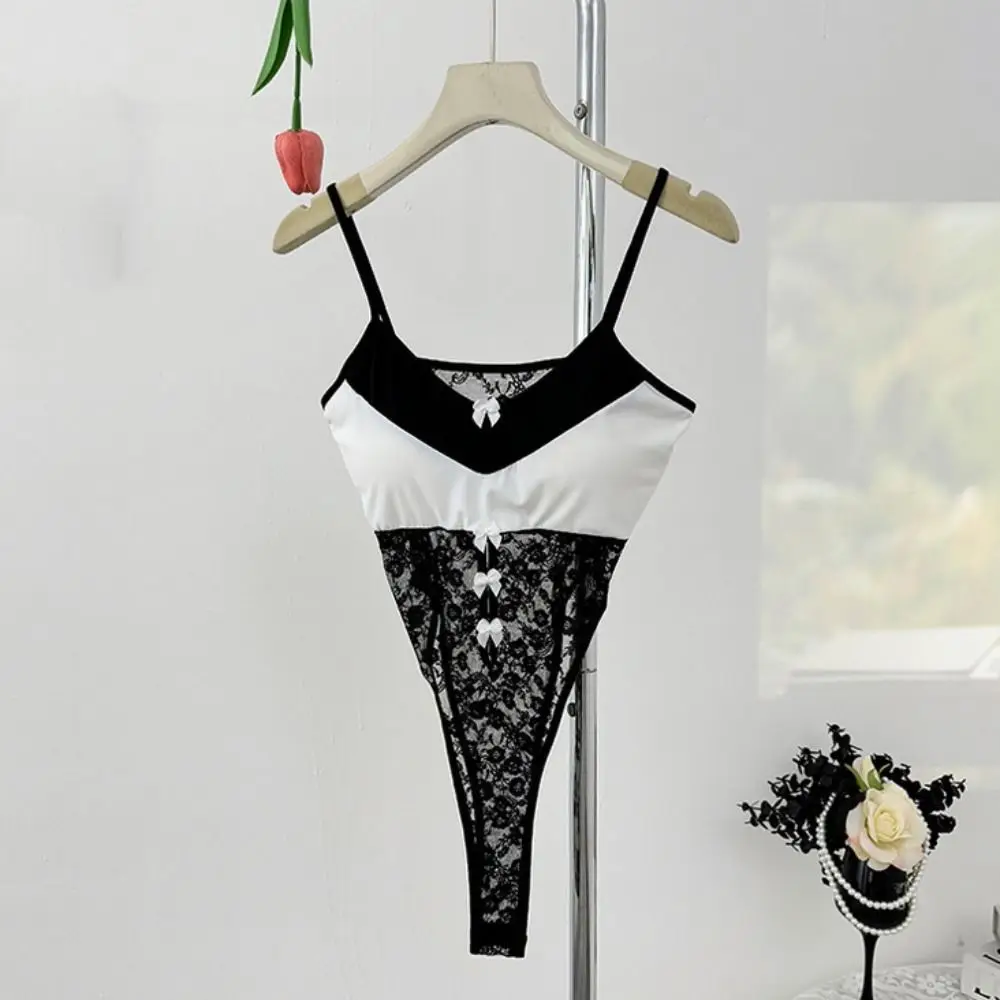 

Nightwear Deep V Neck Lace Bow Bodysuit Hollow Transparent Lace Mesh Jumpsuits Sleeveless Camisole Uniform Women Lingerie Ladies