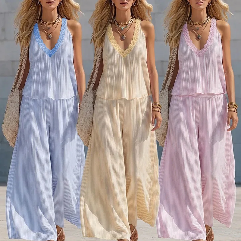 2026 summer new arrival: lace v-neck pleated striped set - loose fit, slimming wide-leg pants outfit