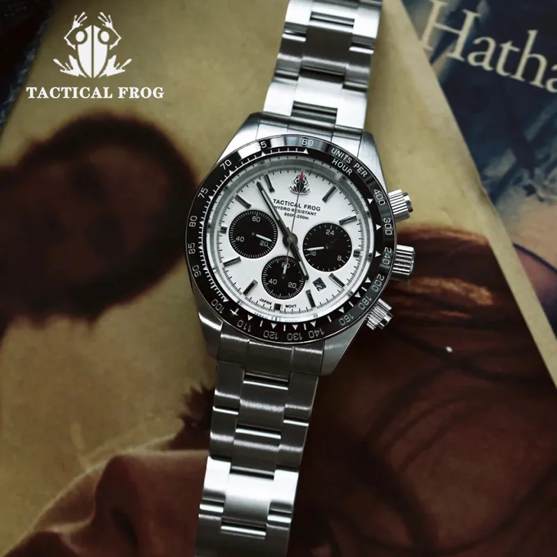 Tactical Frog Herren Taucheruhr VS75 Solar Quarzwerk Chronograph C3 Super leuchtendes Edelstahlarmband 20Bar Taucheruhr