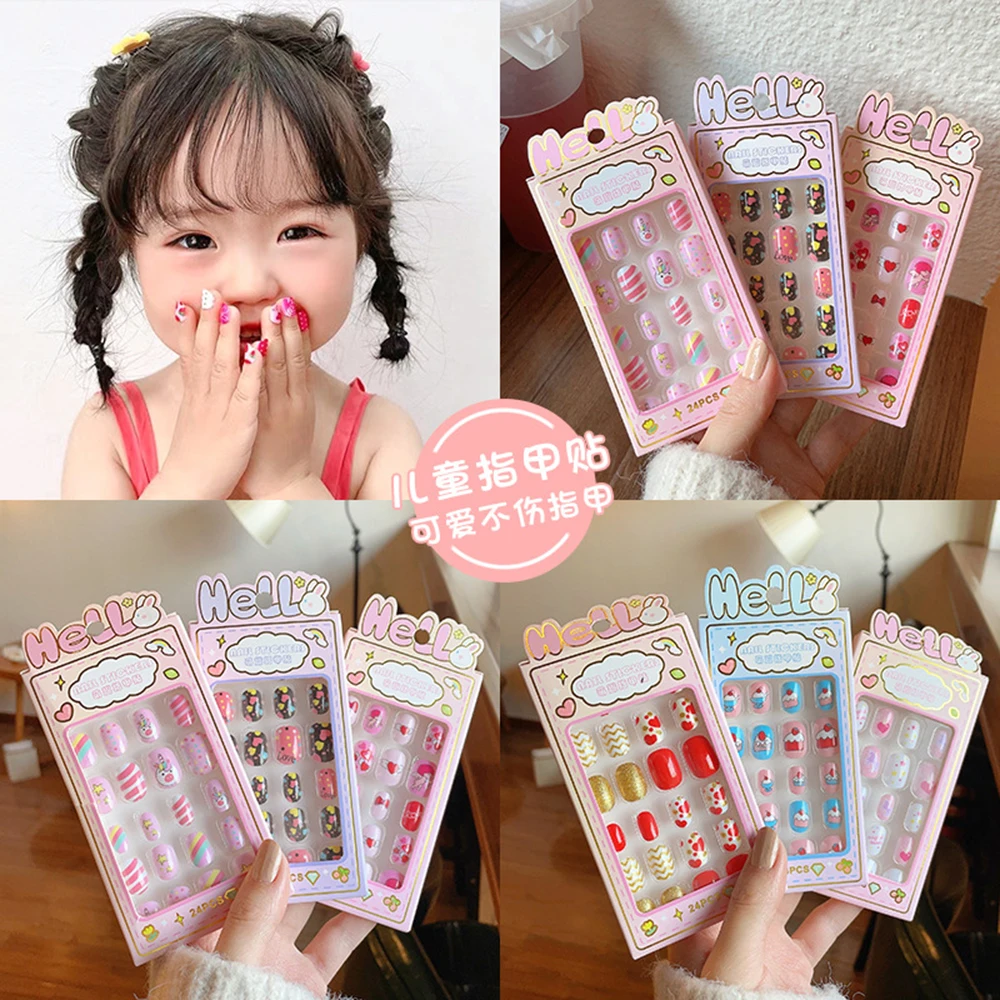 24Pcs Kids Cartoon Fake Nails Tips Detachable Acrylic Full Cover Press On False Nail Kawaii 3D Cute Press on Nails Art for Girls