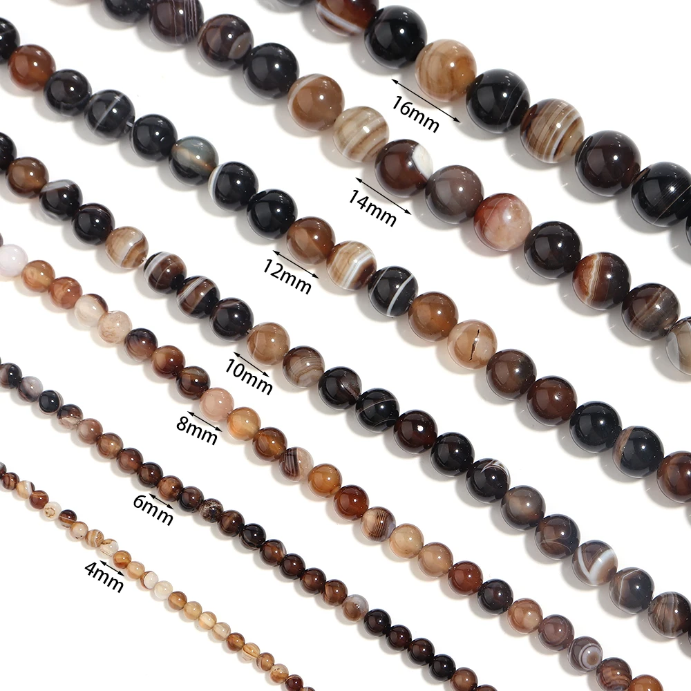 Perles rondes en pierre naturelle pour l'artisanat, agates à rayures brunes, bracelets de bricolage exécutifs, accessoires, 4mm, 6mm, 8mm, 10mm, 12mm, 14mm, 16mm