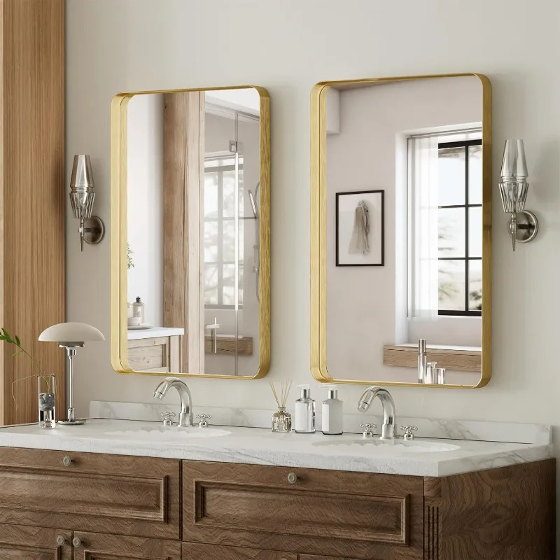 Bathroom Mirror 20x30 inch, Gold Gorgeous Deep Frame Wall Mirror, Modern Round Corner Bathroom Vanity Mirror