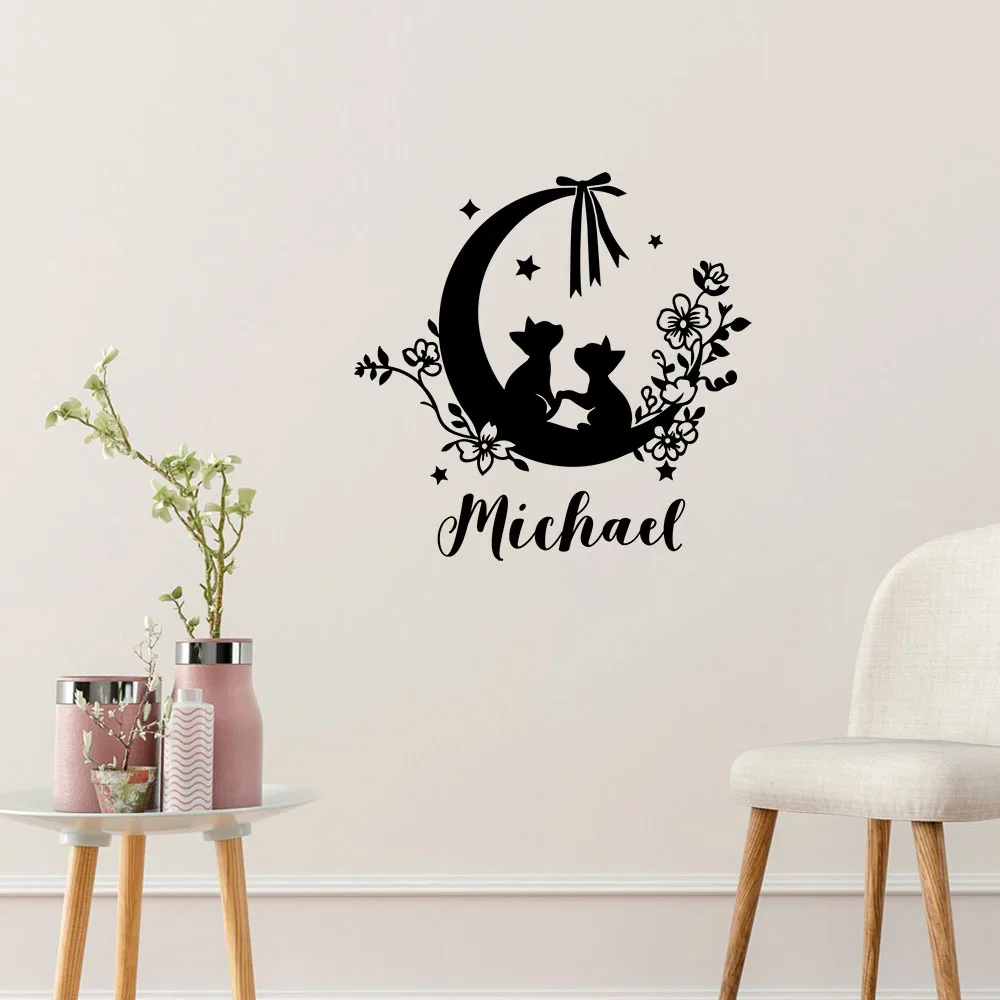1PC Colorful Cat Flower Moon Custom Text Wall Stickers Decorative Sticker Home Decor For Study Room Decal Creative Stickers