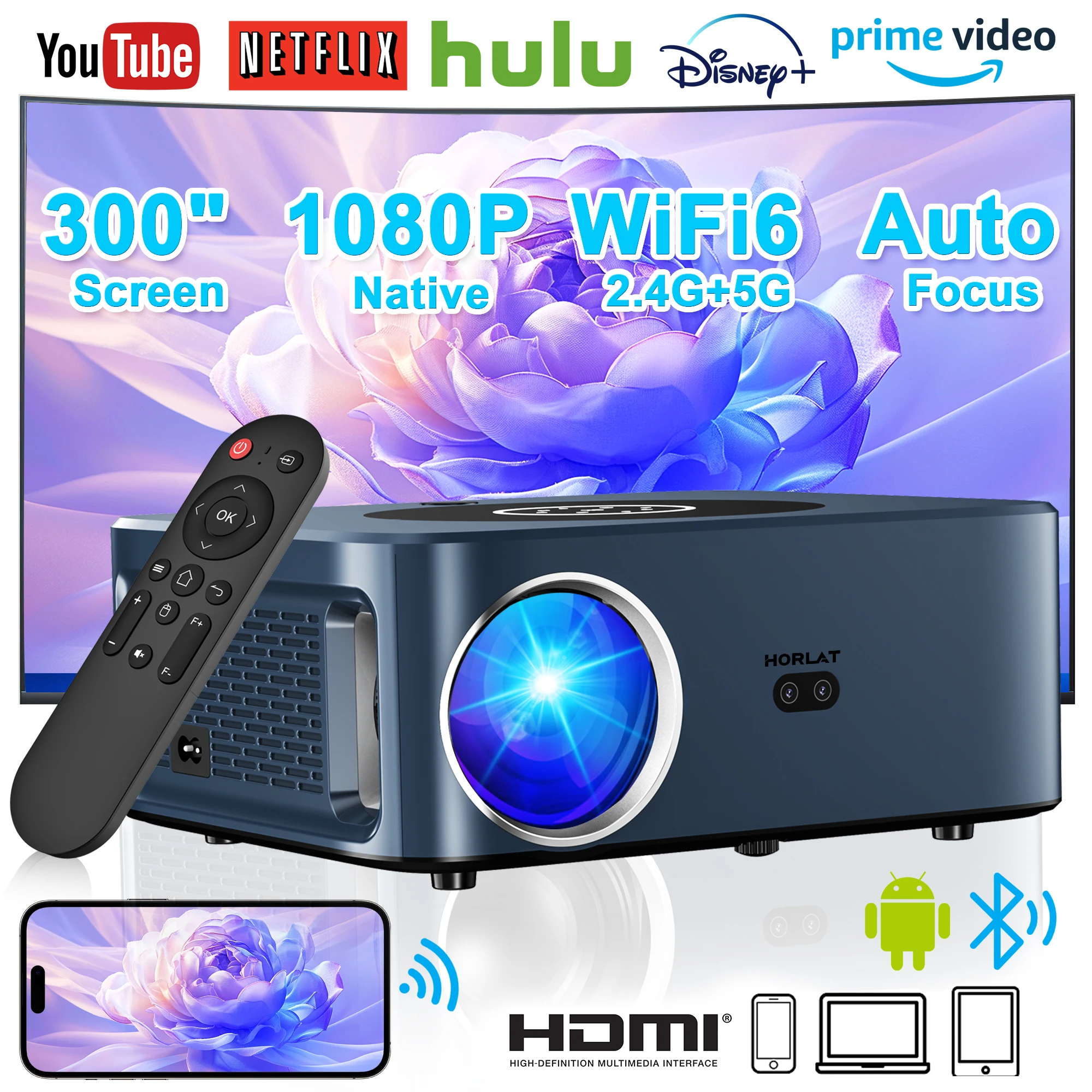 HORLAT Full HD 4K Projector Auto Focus Native 1920x1080P Android Bluetooth 5G WiFi LED Video Beamer Supported Smart Home Theater