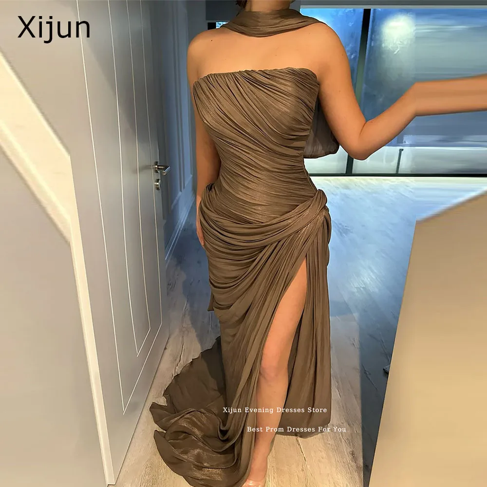 

Xijun Luxury Brown Mermaid Evening Dresses High Split Sleeveless Formal Prom Dresses Pleated Maxi Prom Gowns Women Customized