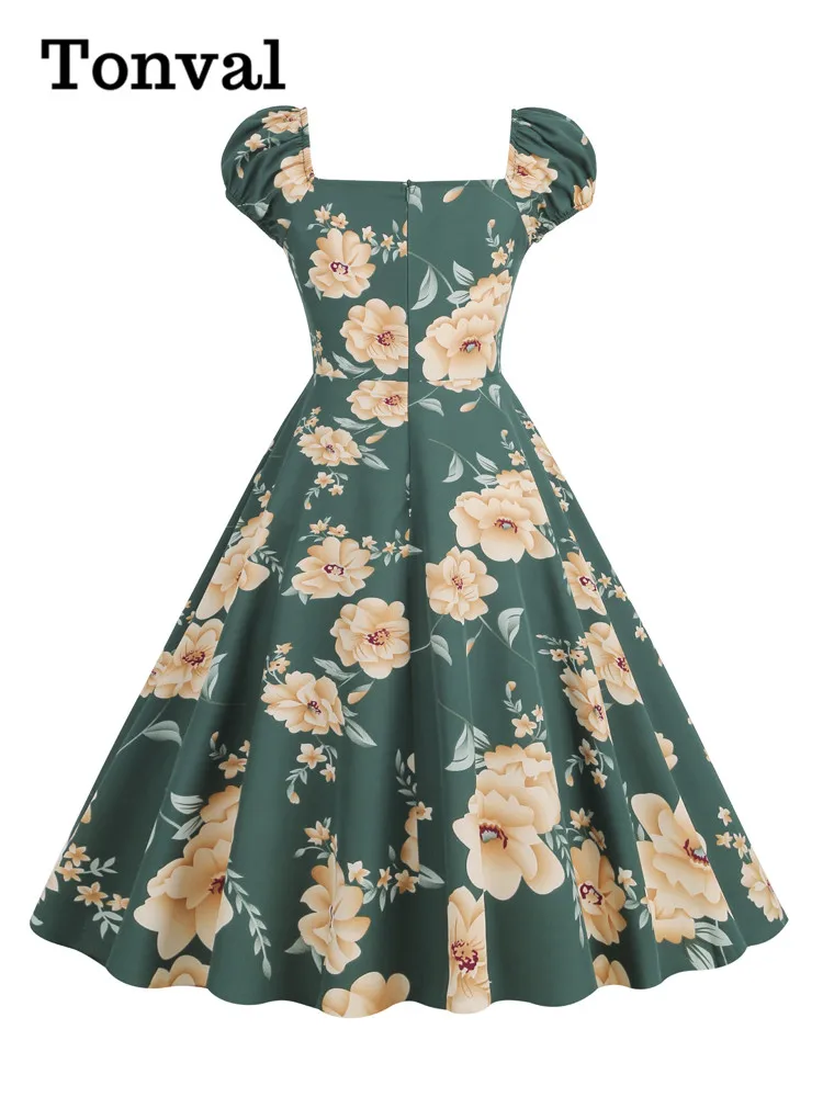 Tonval-Robe à imprimé floral pour femme, col en cœur, style vintage, taille haute, rétro, soirée élégante, été