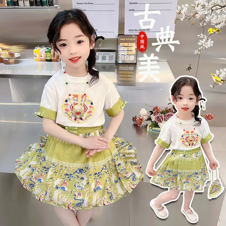 Girls Summer Horse Face 2024 New Chinese Style Sleeved Short Skirt Children's Fashion Two Piece Set