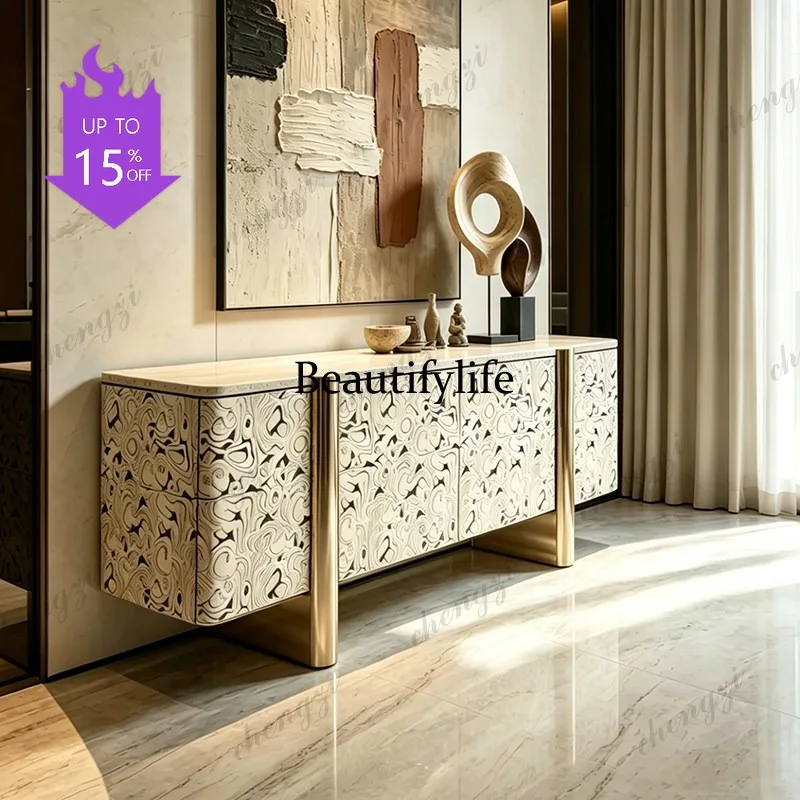 03 Medieval travertine dining side cabinet living room multi-functional storage cabinet Italian light luxury kitchen locker