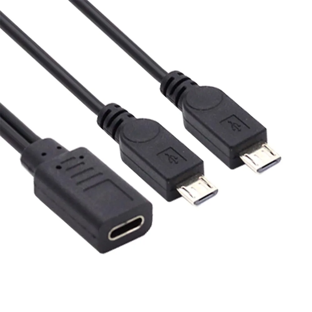 USB 2.0 Type-C Female to Dual Micro-USB 5Pin Male Splitter Extension Cable DC 5V Charging Power Supply Cord for Android Phone