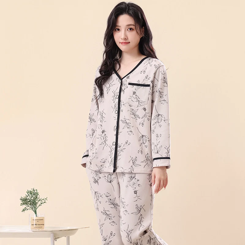 Elegant V-Neck Cardigan Pyjamas Women Autumn Fall Cotton Pijamas Mujer Floral Print Sleepwear Pajamas for Women Feminino