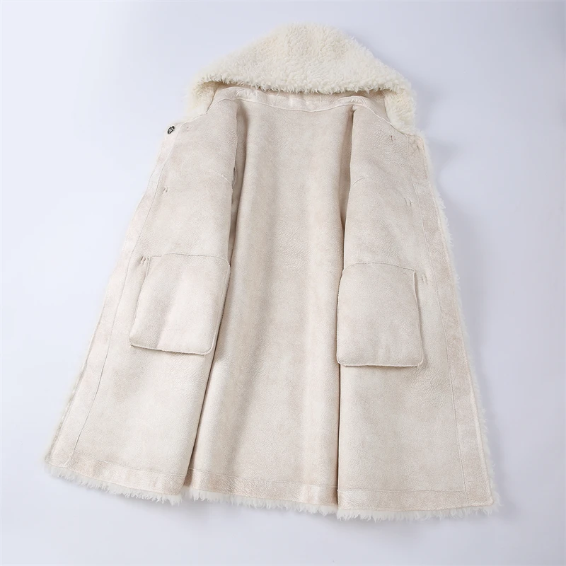 Dame schickes Schaf Lammfell warmen langen Mantel weibliche Frauen echte Wolle Winter Kapuzen jacke Parka h2385