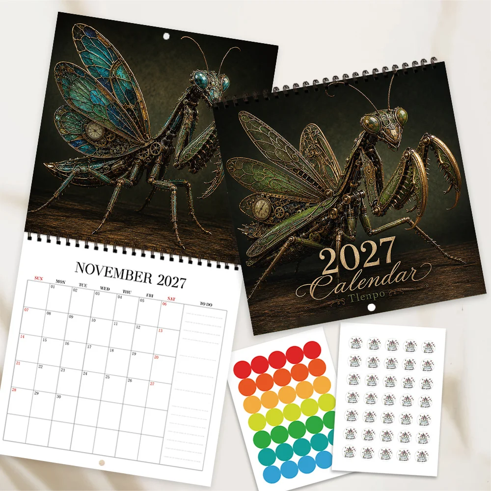 1pc 2027 Mechanical Mantis Wall Calendar,12‑Month Planner,Gift for Back‑to‑School,Christmas,,New Year,Free Stickers Included