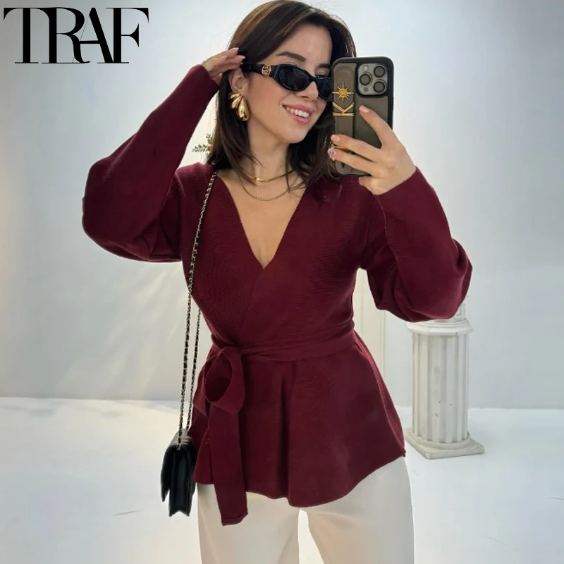 

TRAF New Knit Cardigan Outerwears Spring Belt Long Sleeve Cardigan Woman V Neck Black Red Cardigan Women Elegant Knitted Jacket
