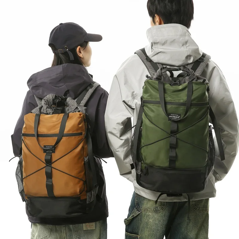 

1pcs Tear Thick Nylon Functional Backpack Elastic Cord Decor Multi Zipper Pockets For Student Hiking Daily Outdoor Storage Bag