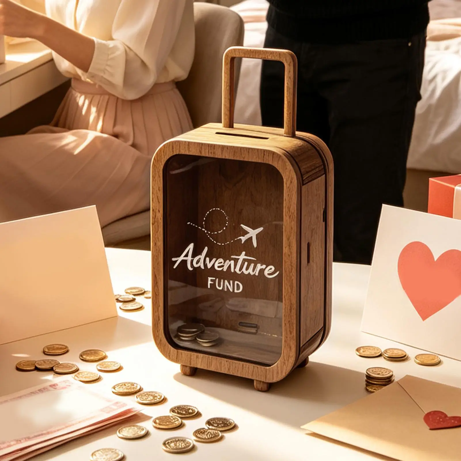 Wooden Travel Fund Money Box Transparent Window Luggage Shape Money Box for Travel Vacation Honeymoon Living Room