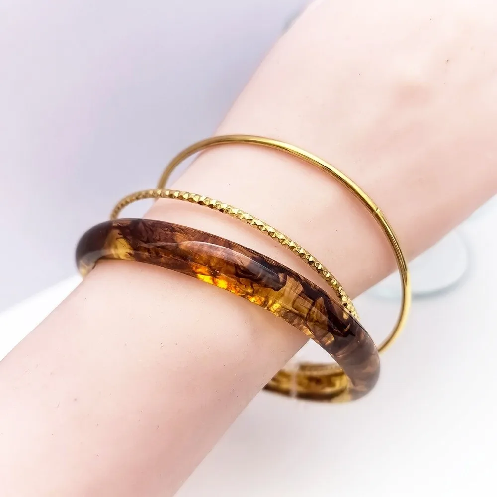 3 قطعة/المجموعة خمر الاكريليك لطخة أساور البوهيمي الراتنج بسيط جولة أساور فاسق الفولاذ المقاوم للصدأ الرجعية اليد الدائري النساء الرجال #2