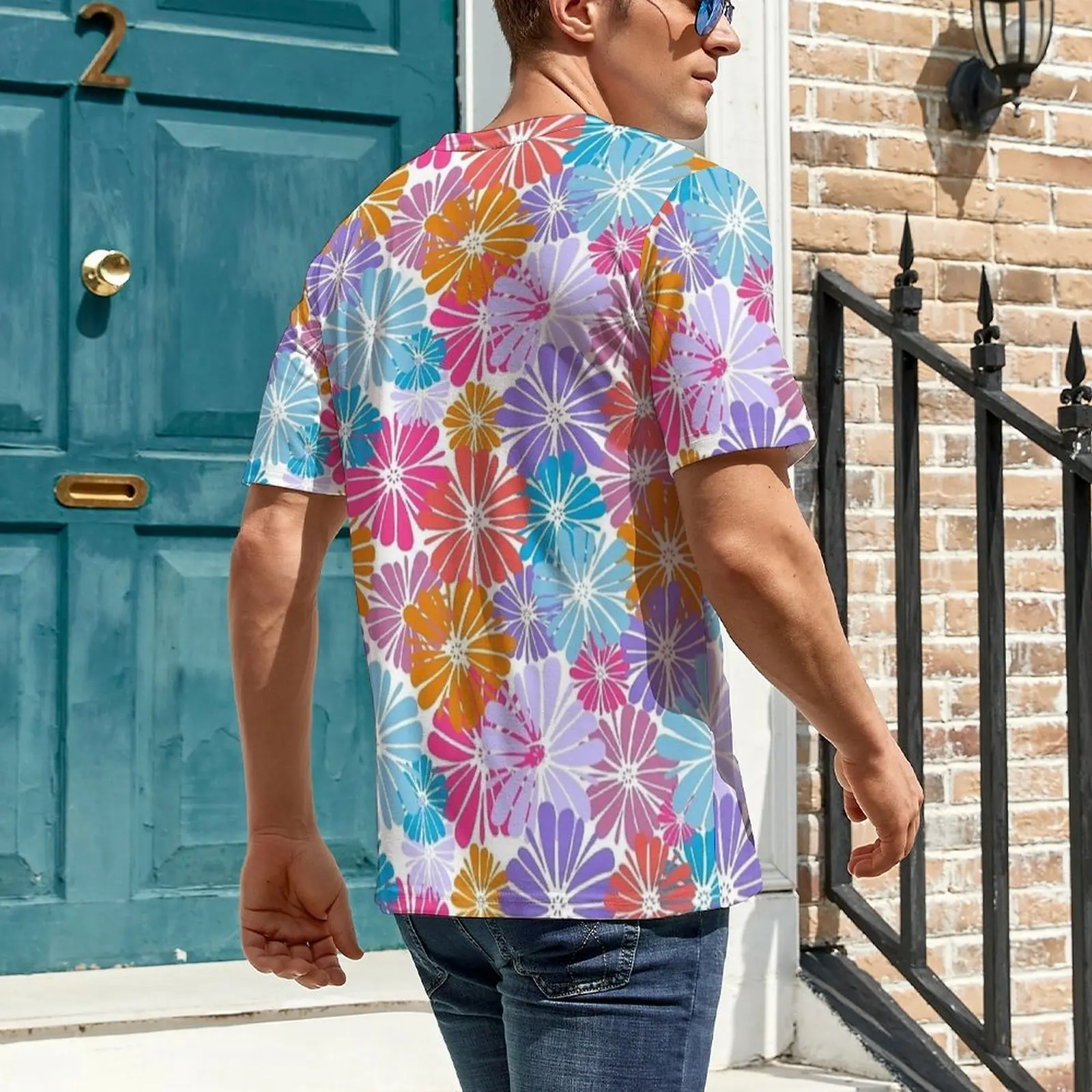 Summer T Shirt Multicolor Daisy Grid Print T Shirts  Y2K Fun Vintage Tees For Male Short Sleeve Pattern Oversized Clothes