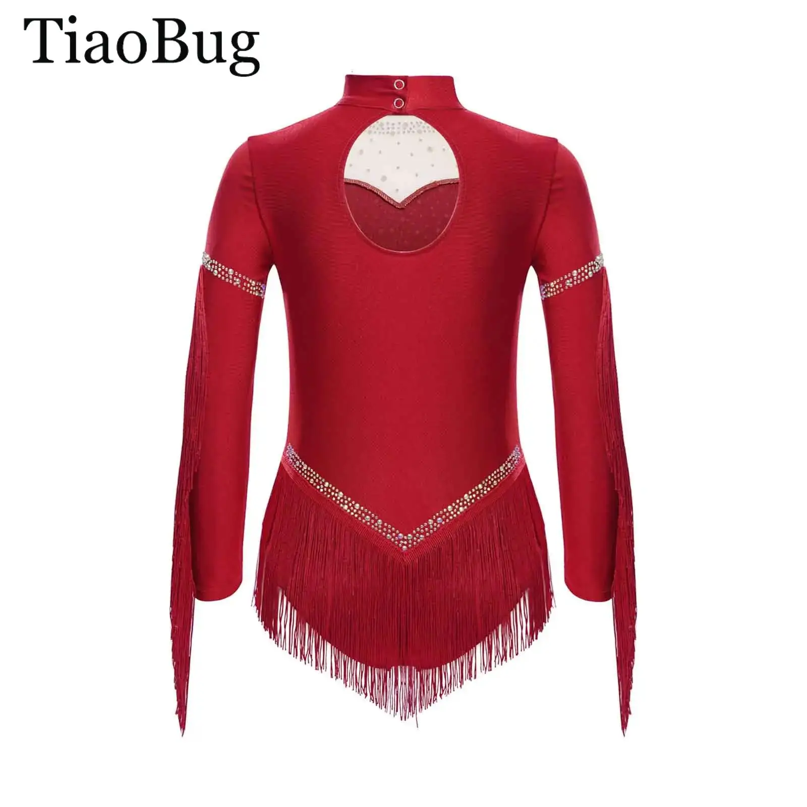 

Girls Tassels Latin Dance Leotard Dress Long Sleeve Rhinestones Cha-Cha Tango Samba Salsa Dancewear Gymnastics Skating Jumpsuit