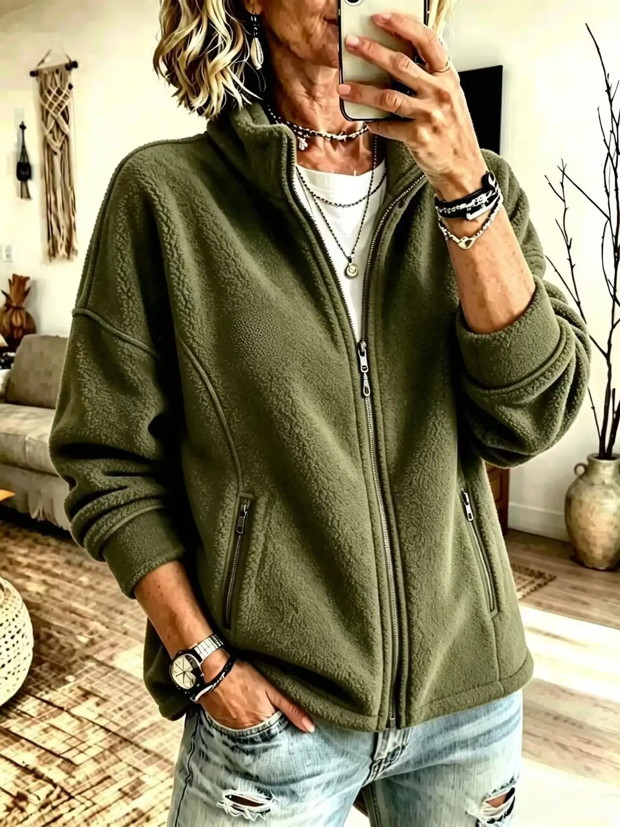 MsChuh Women's Hoodies Sweatshirts Solid Loose Long Sleeve Fleece Top Ropa Mujer Stand Collar Full Zip Jacket Street Daily Wear